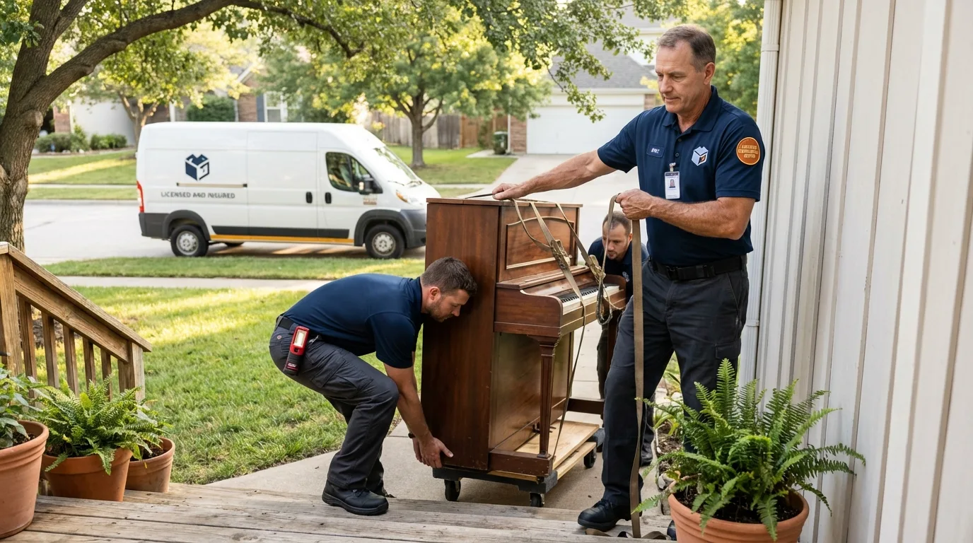 Licensed piano movers securing grand piano in Arlington, OH
