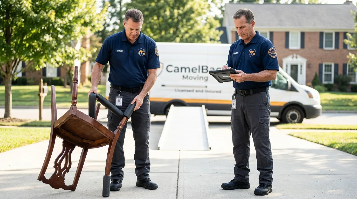 Movers inspecting furniture for damage prevention before loading in Arlington, OH