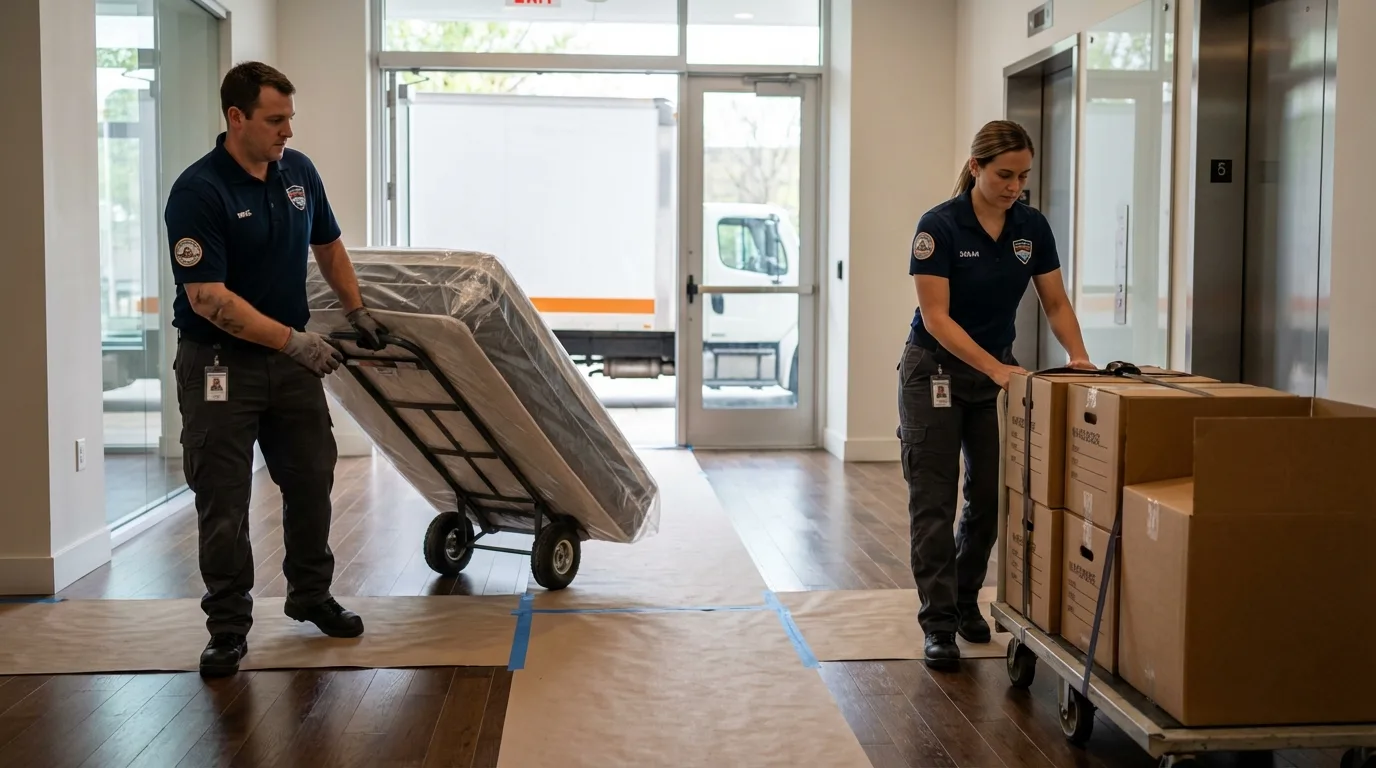 Professional apartment movers loading elevator in Arlington, OH
